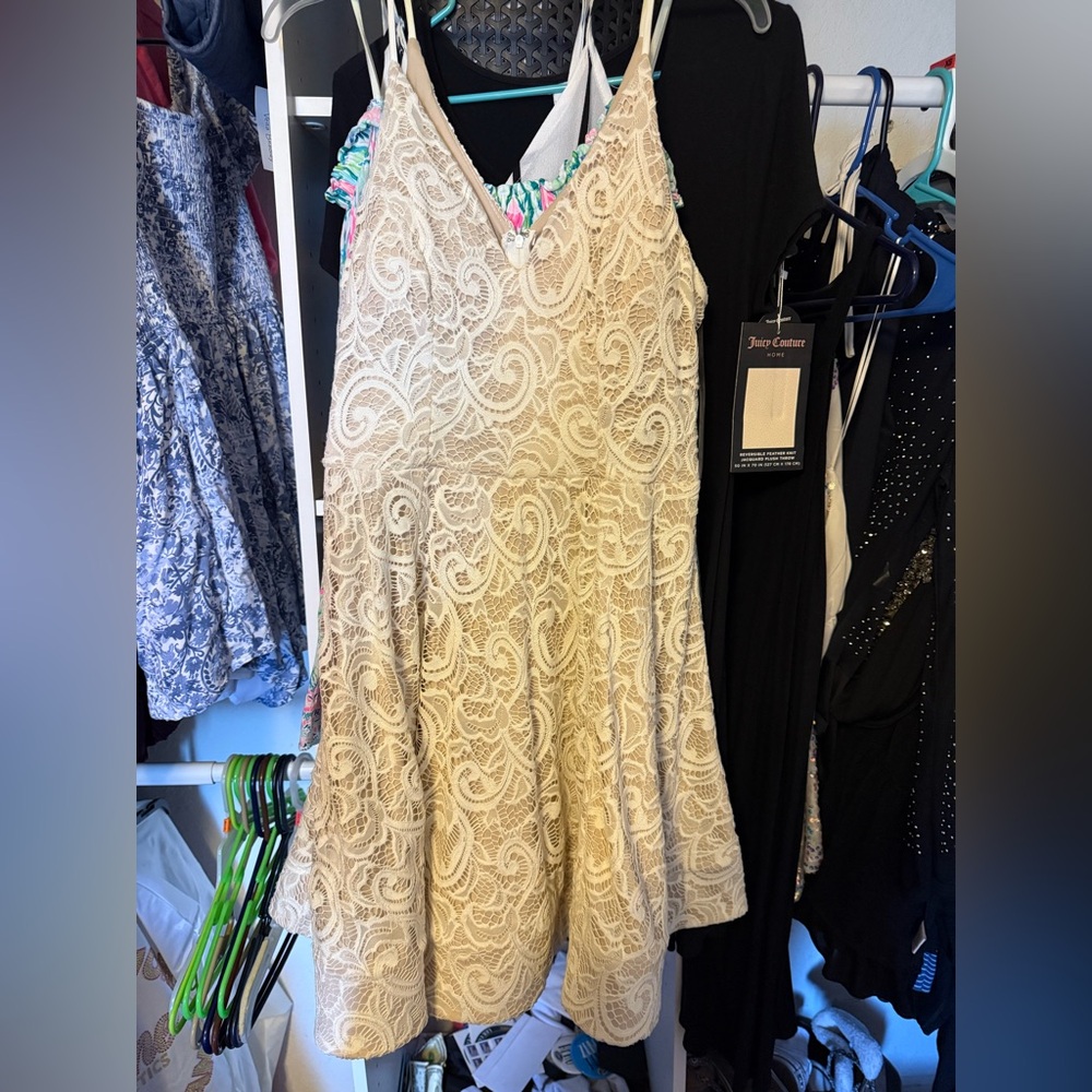 Tan with white lace dresss